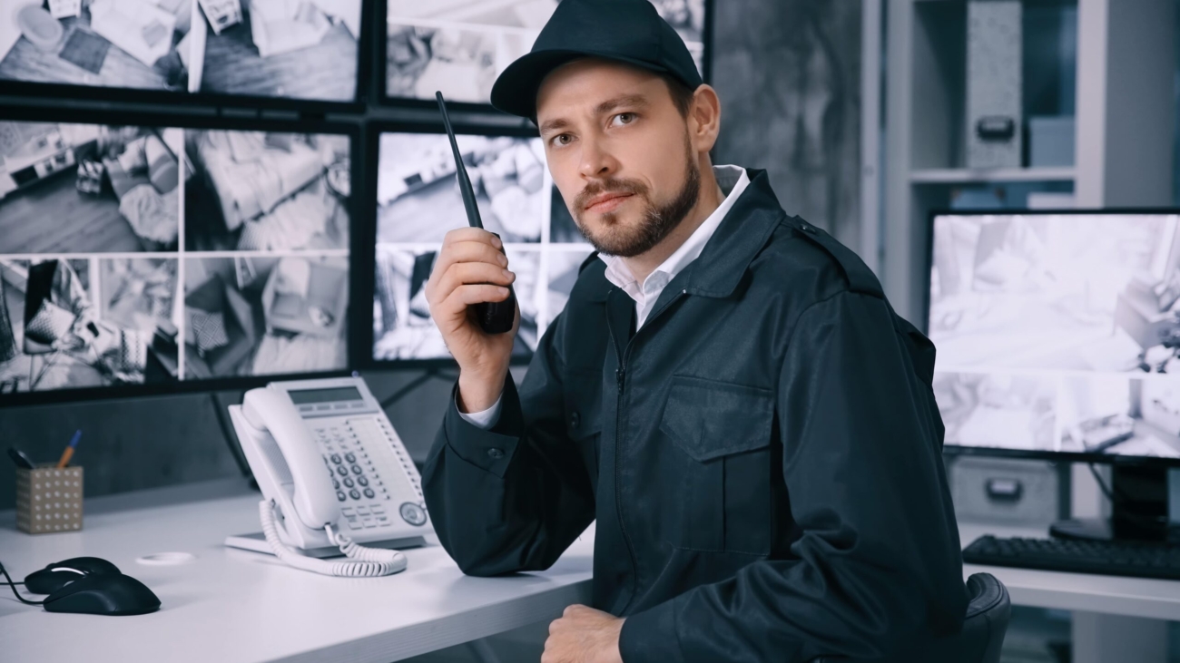 male security guard using radio transmitter surveillance room min