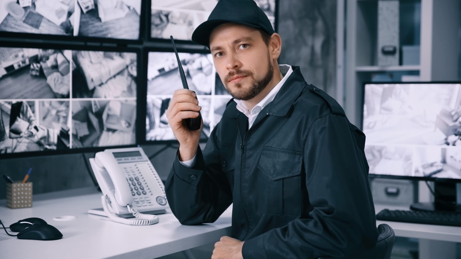 male security guard using radio transmitter surveillance room min