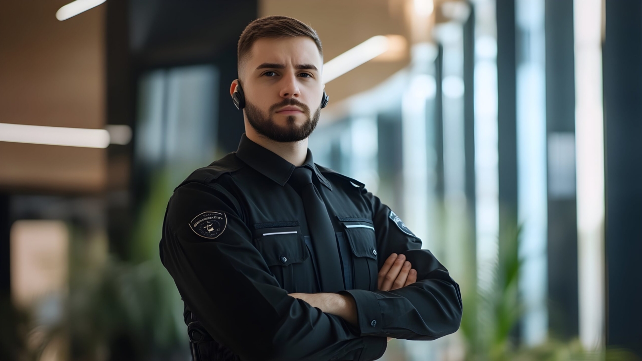 professional private security guard standing confidently with crossed arms wearing dark uniform earpiece modern office environmentno blurriness min