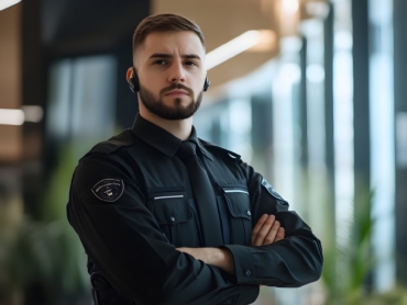 professional private security guard standing confidently with crossed arms wearing dark uniform earpiece modern office environmentno blurriness min